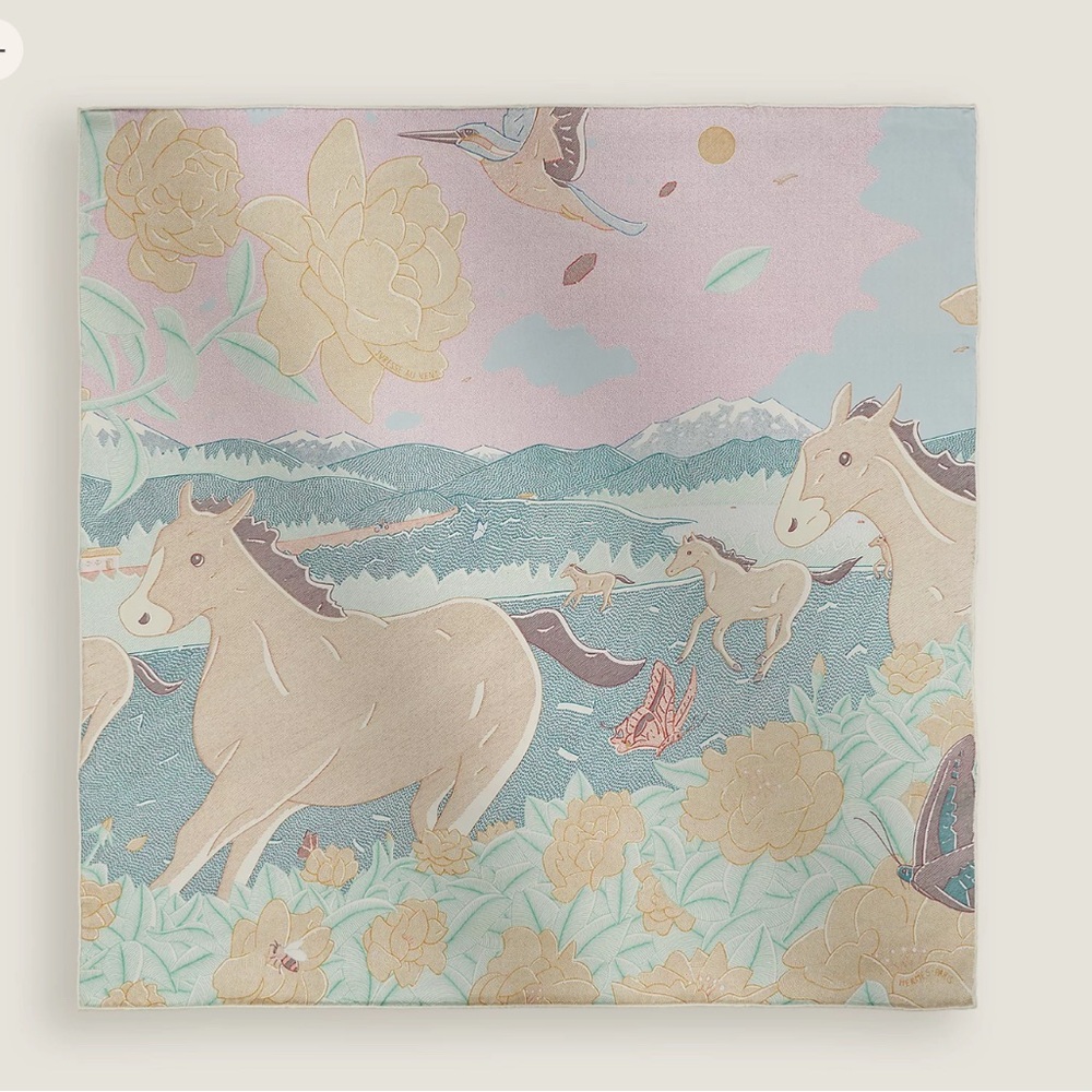 Hermes Pastel Horse and Floral Scarf Ivresse Au Vent scarf 70 Blue Silk